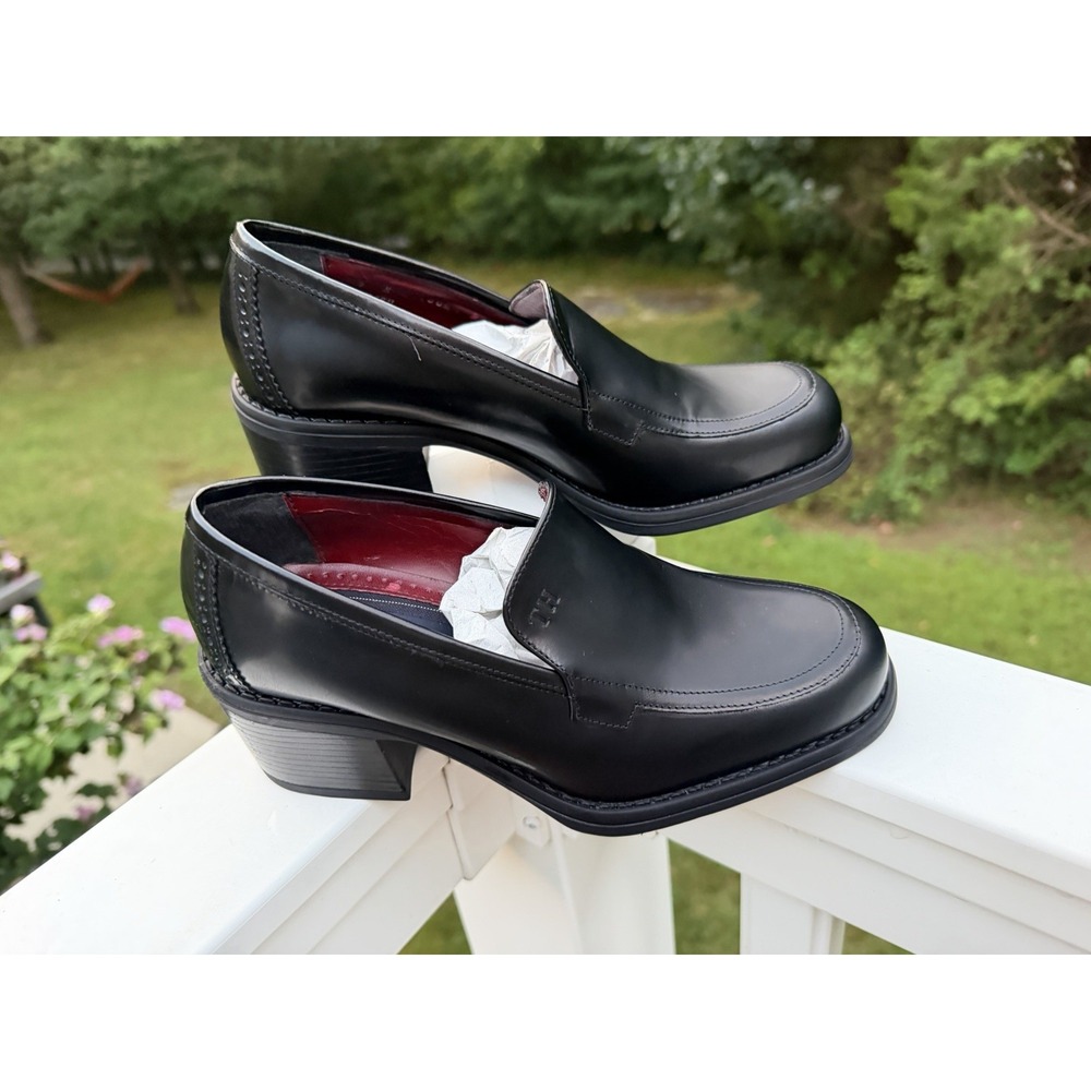 Tommy Hilfiger Black Leather Chunky Lug Sole Loafers Block Heel Shoes Womens 6